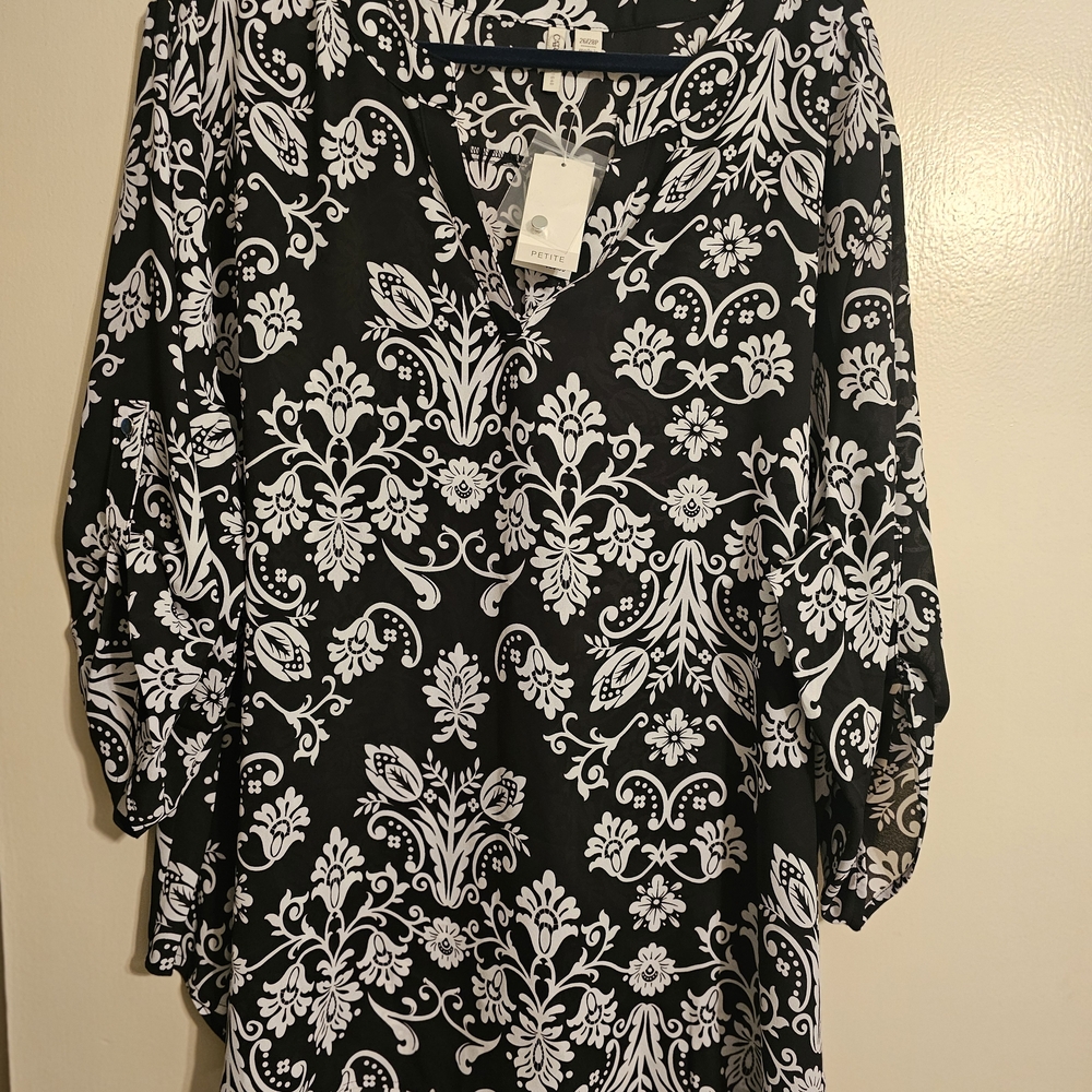Cato Black and White 3/4 Roll-Tab Sleeve Button-down Blouse